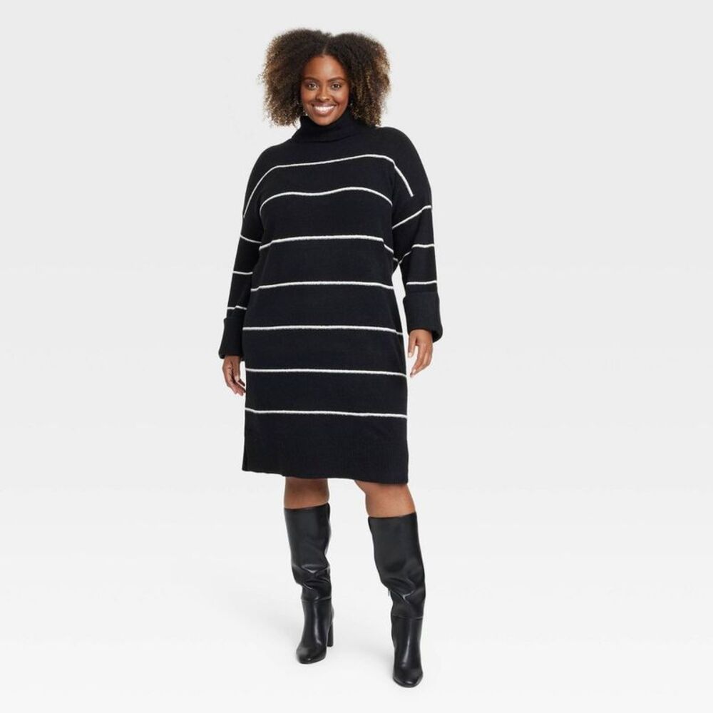 Women's Long Sleeve Cozy Knitted Midi Sweater Dress - Ava & Viv Black Striped 3X